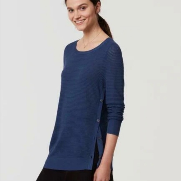 LOFT Sweater Open Knit Pointelle Women Small Blue Side Button Long Sleeve Cozy - Picture 2 of 7